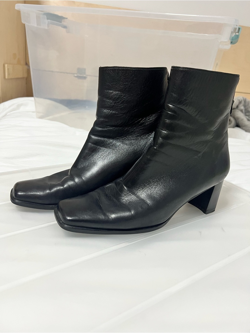 Stuart Weitzman Black Leather Square-Toe Ankle Boots